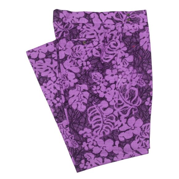Mens Gurkha Pants 38 Purple Floral Chino Trousers Cotton Straight Fit Flat Front